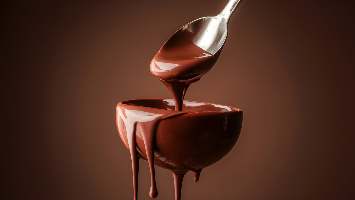 Colher derramando calda cremosa de chocolate em tigela, textura brilhante e apetitosa, referência para sobremesas e coisas que combinam com chocolate