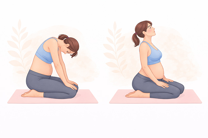 Mulher grávida praticando variação da postura gato e vaca sentada, movimentando a coluna para alongamento. 