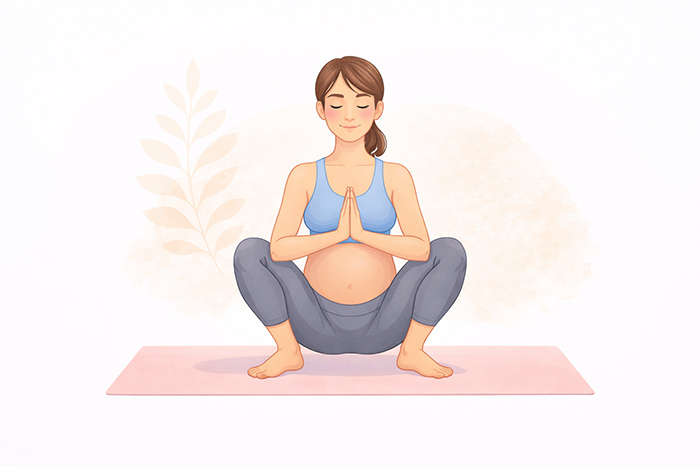 Gestante praticando Malasana, postura da guirlanda em cócoras com mãos em posição de oração. 
