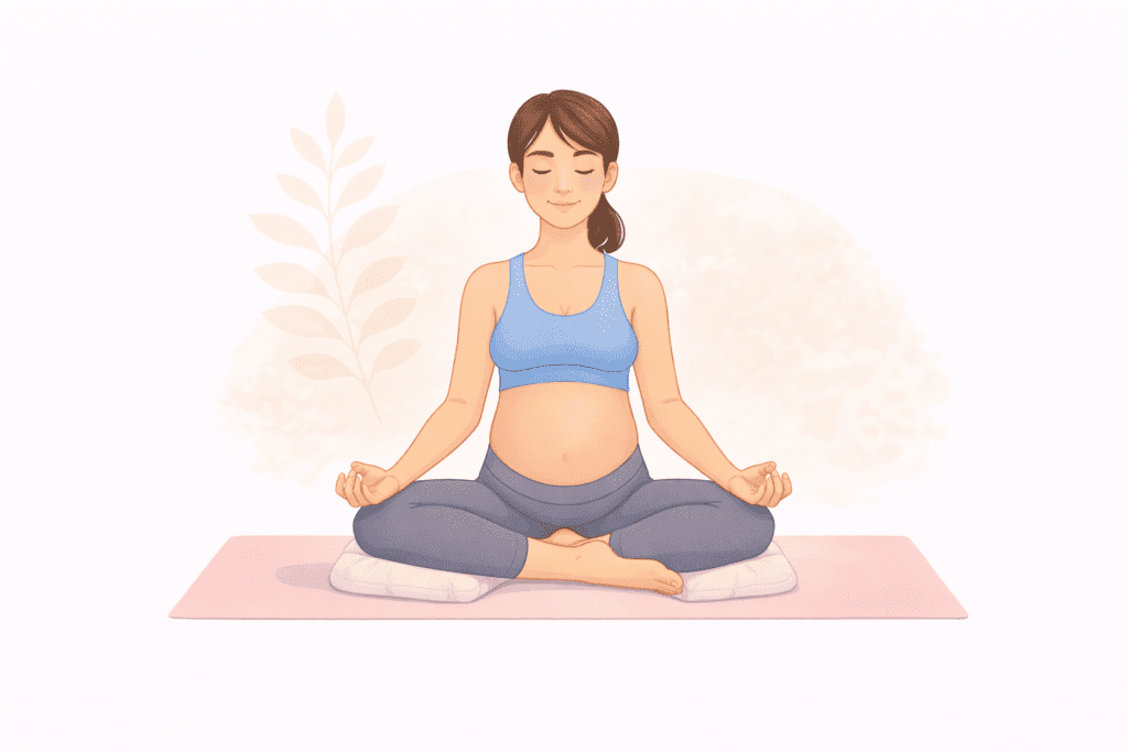 Gestante sentada em posição de meditação com pernas cruzadas praticando respiração e relaxamento. 