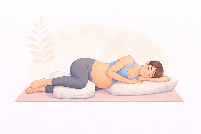 Gestante em Savasana adaptada deitada sobre o lado esquerdo com almofadas entre as pernas e sob a barriga. 
