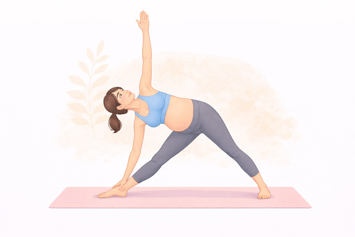 Mulher grávida praticando Trikonasana, postura do triângulo estendido com um braço no tornozelo e outro apontando para cima. 