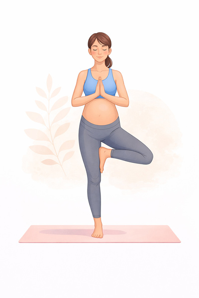 Gestante praticando Vriksasana, postura da árvore com um pé apoiado na perna oposta. 