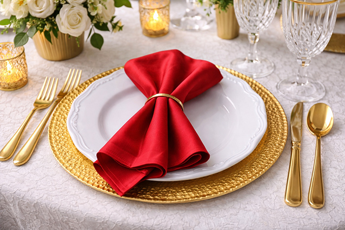 Composição de louça branca, com detalhes em dourado e guardanapo vermelho, cores clássicas do dia dos namorados. 