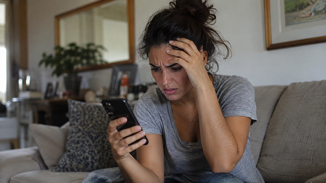 Mulher no sofá de casa, com celular na mão e expressão de preocupada por ter feito Pix para a pessoa errada.