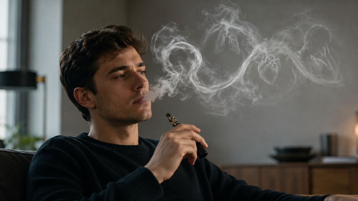 Homem fumando cigarro eletrônico soltando muita fumaça no ambiente interno