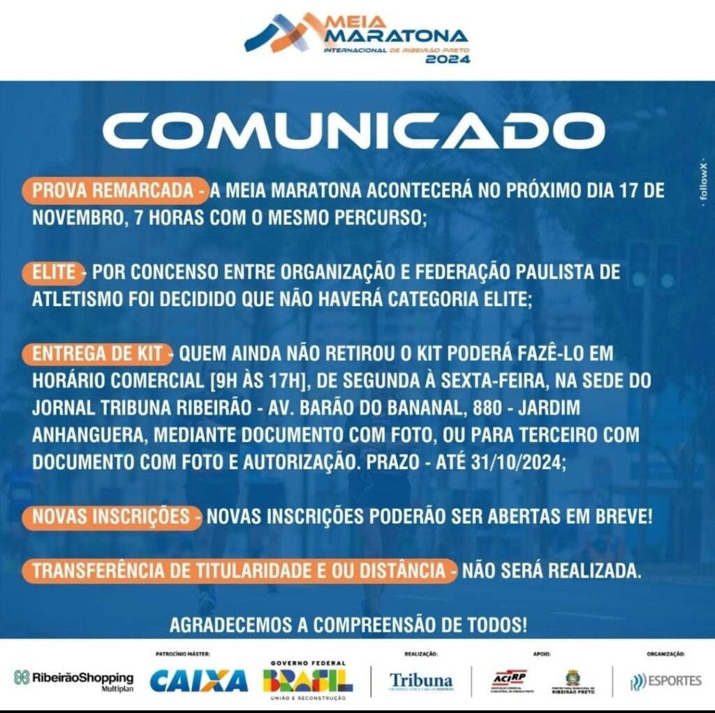 Comunicado da Meia Maratona 2024 | Crédito: Divulgação