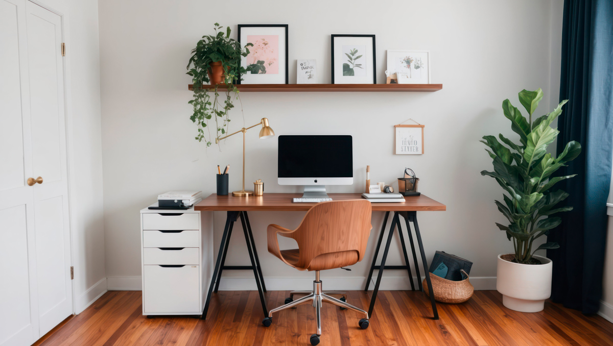Home office com móveis de madeira, organizador ao lado da mesa e plantas e quadros decorando o ambiente.