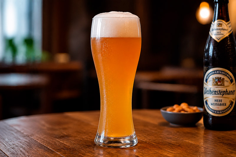 Copo weizen alto e curvado com cerveja de trigo, projetado para espuma e aromas 