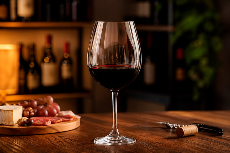 Taça Bordeaux com bojo amplo e borda fechada, indicada para vinhos tintos encorpados 