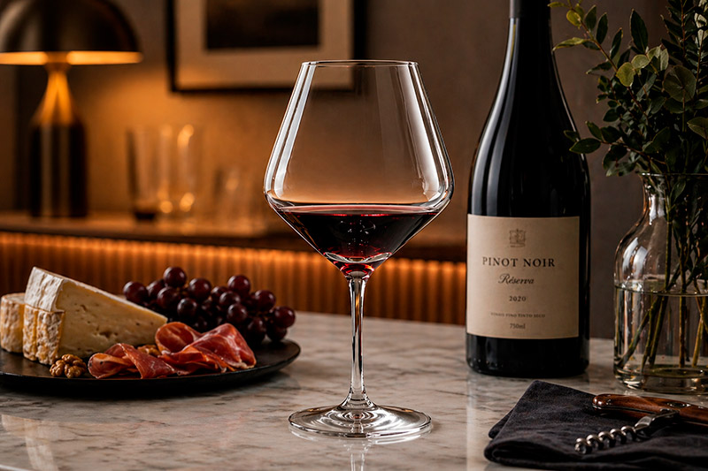 Taça Borgonha com formato balão largo, ideal para vinhos aromáticos como Pinot Noir 