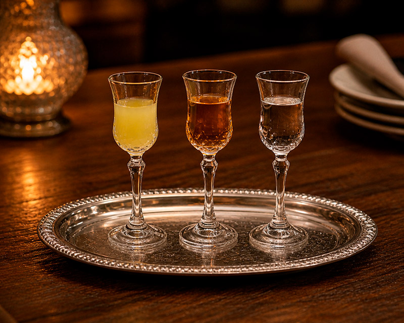 Taças pequenas para licor servidas em bandeja, ideais para digestivos doces após a refeição 