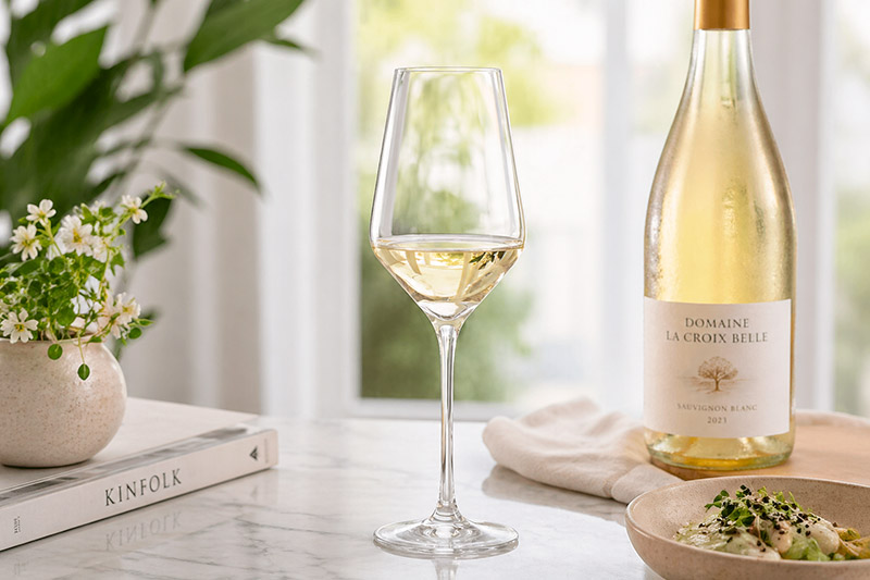 Taça menor e estreita para vinho branco e rosé, projetada para manter a temperatura da bebida 