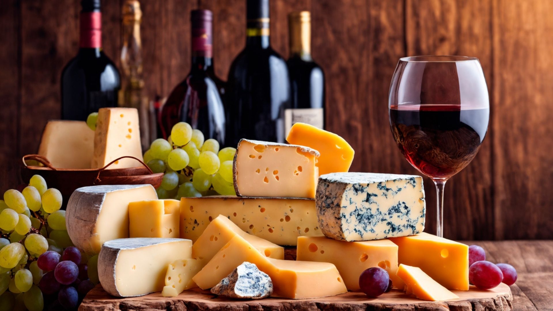 Mesa rústica com queijos duros e azuis, uvas e taça de vinho, ideal para explorar combinações com vinho.