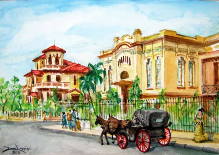 Pintura de Ary de Lázari representando a Sociedade Recreativa e o Palacete Paschoal Innecchi | Crédito: Divulgação