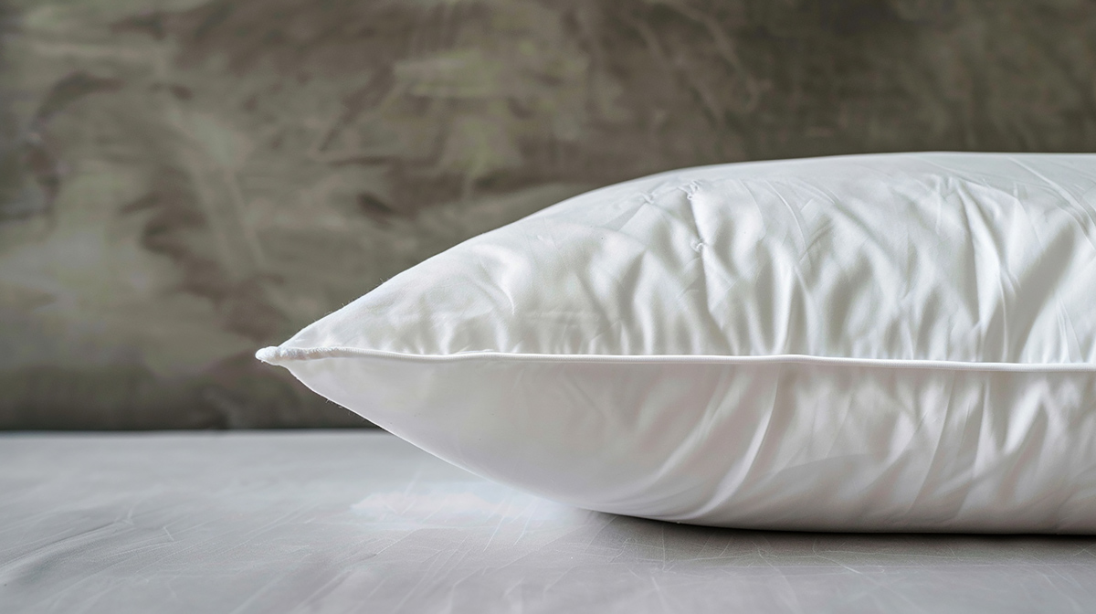 Travesseiro branco visto de lado sobre a cama, representando tipos de travesseiros usados para oferecer diferentes níveis de suporte, ergonomia e maciez.