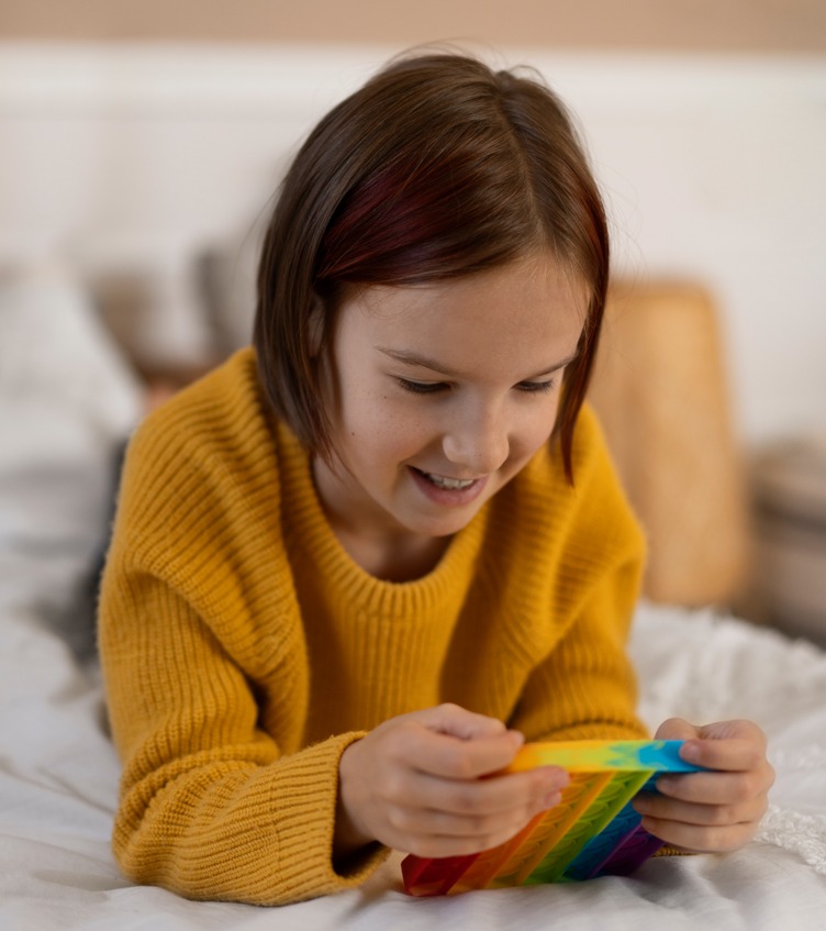 Criança brincando com pop it colorido | Crédito: Freepik