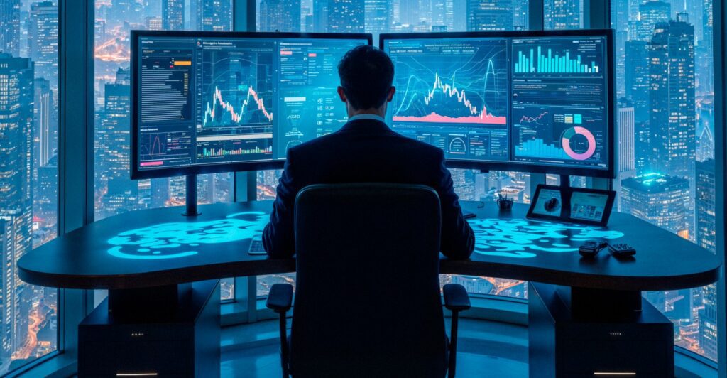 Homem em frente ao computador visualiza tabelas de empresas | Crédito: Divulgação