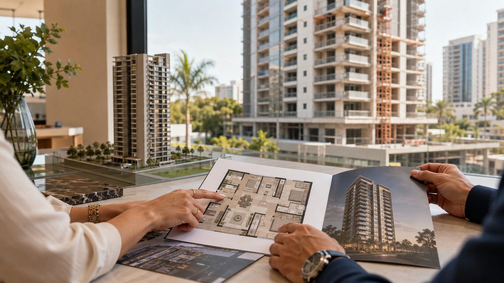 Casal analisando planta e fotos de empreendimento que está sendo construído, avaliando o potencial de valorização do imóvel. 