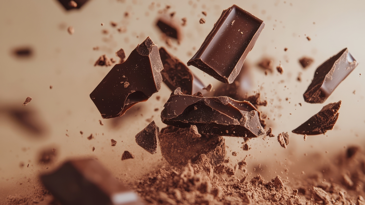 Barra de chocolate sendo quebrada em pedaços sobre mesa, representando chocolate de verdade com alto teor de cacau.